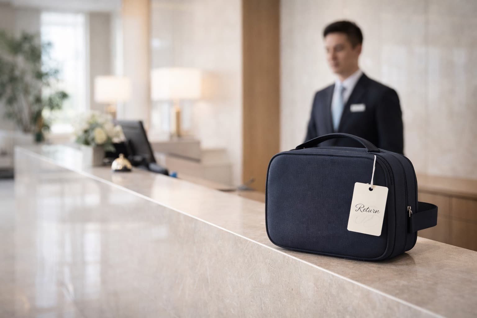 A travel rental item prepared for return at a hotel front desk