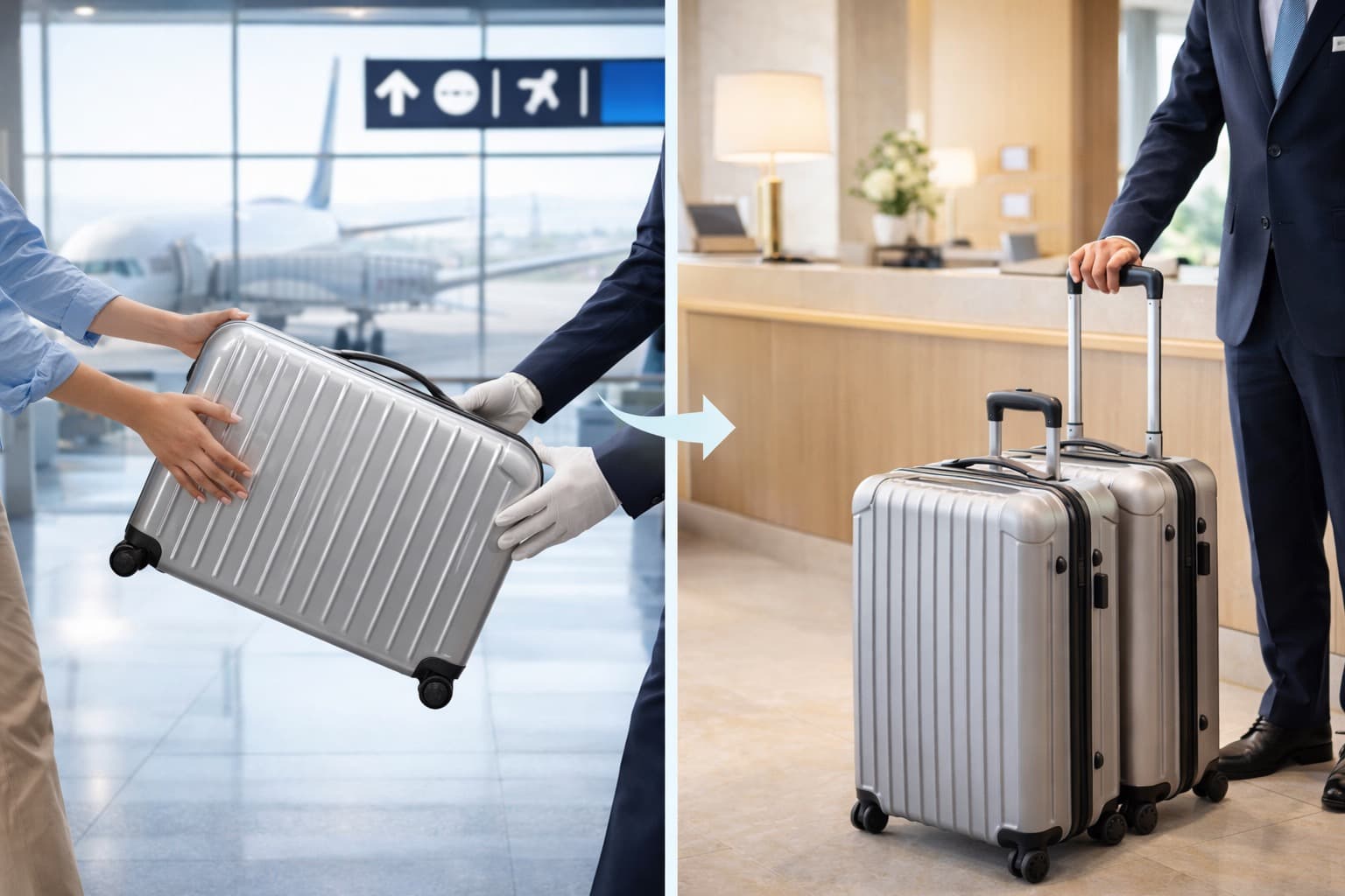 Illustration of luggage moving from airport to hotel