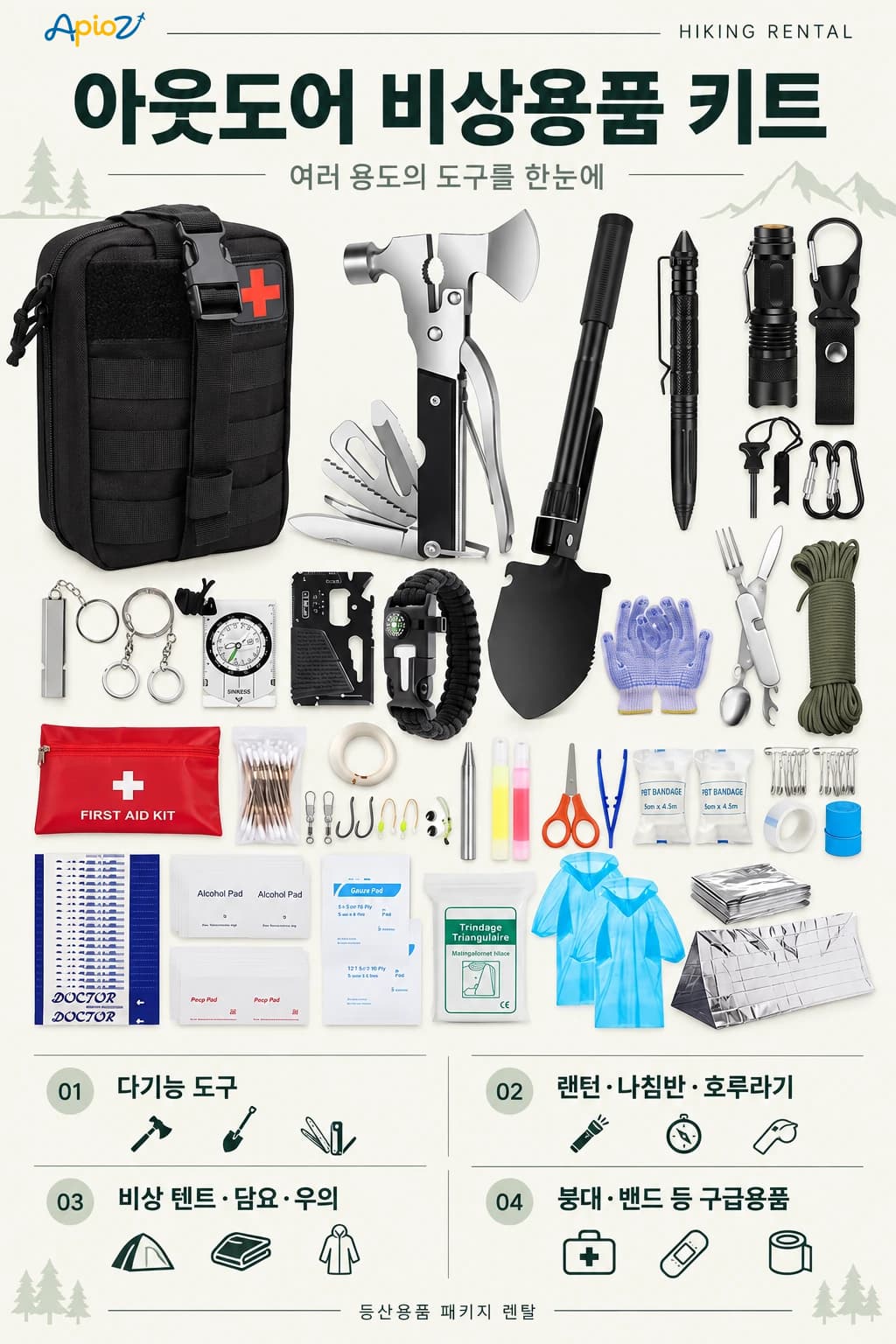 아웃도어 비상용품 키트의 도구와 구급용품