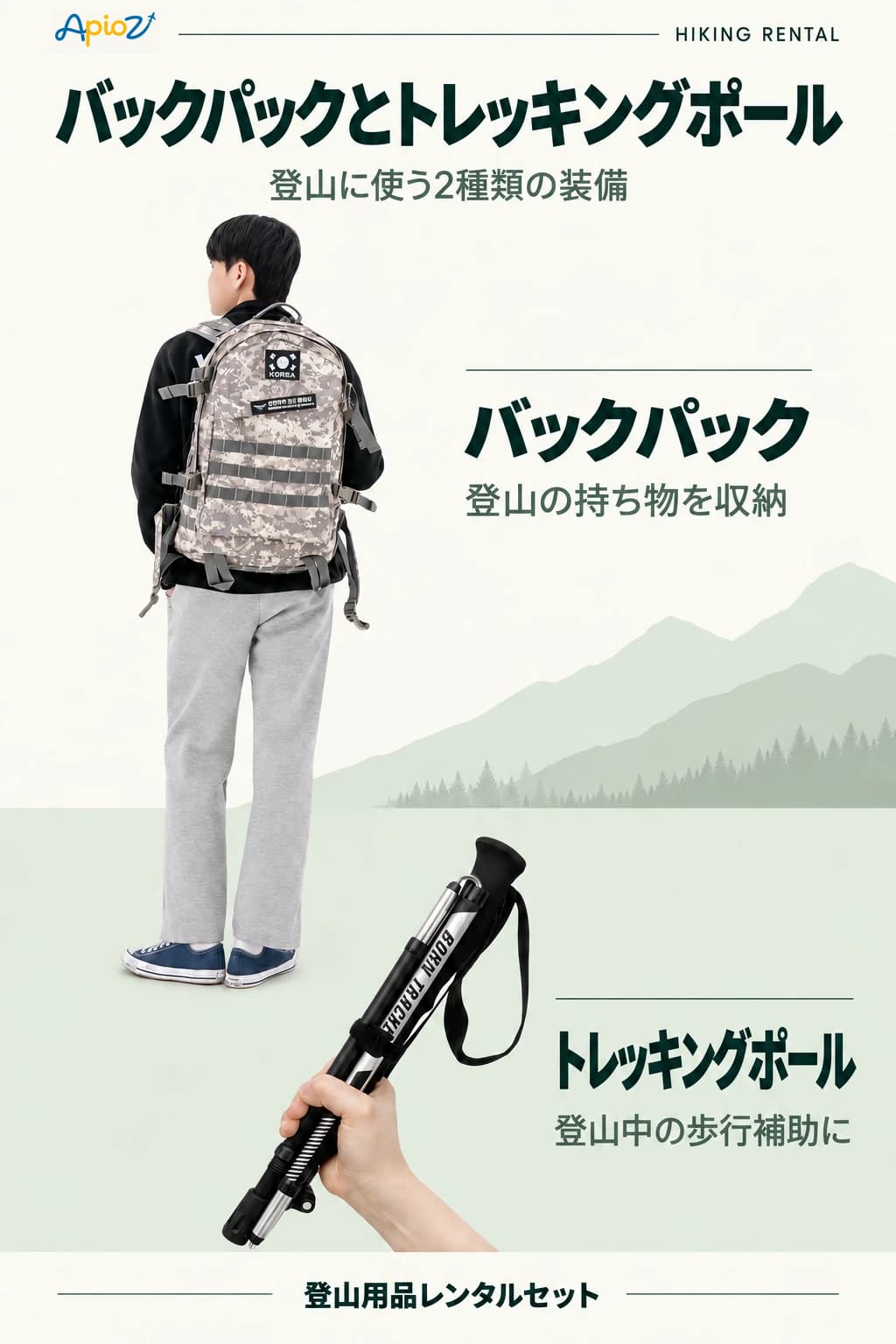 バックパックの着用例と折りたたんだトレッキングポール