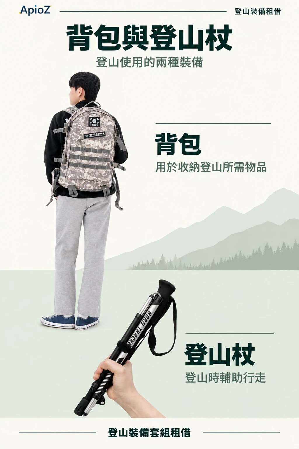 背包穿戴示意及折叠登山杖
