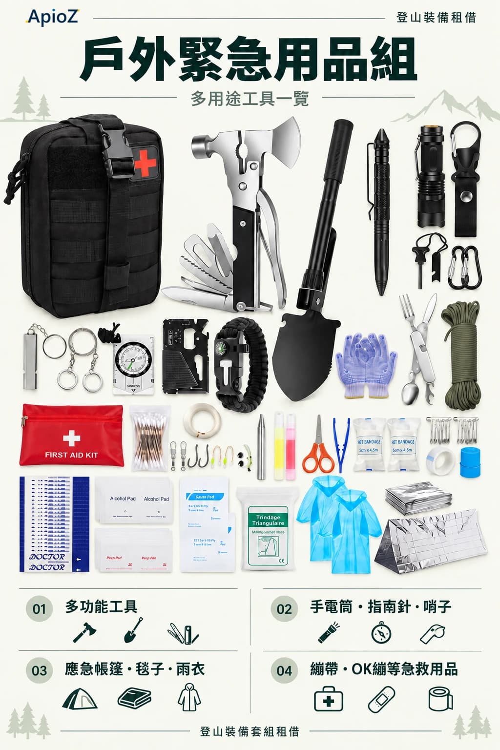 户外应急用品包中的工具及急救用品