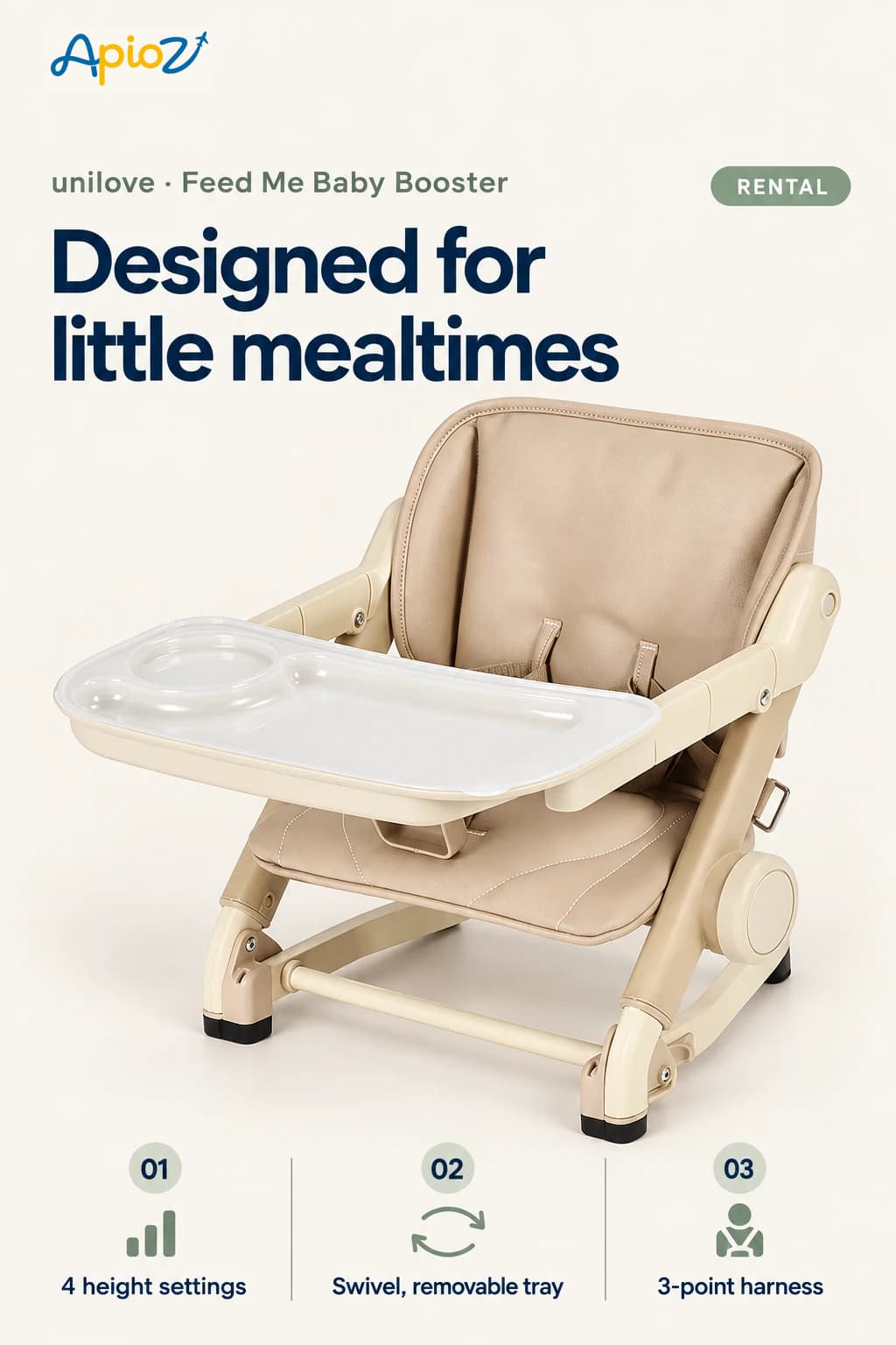 Four height settings, swivel and removable tray, and three-point harness