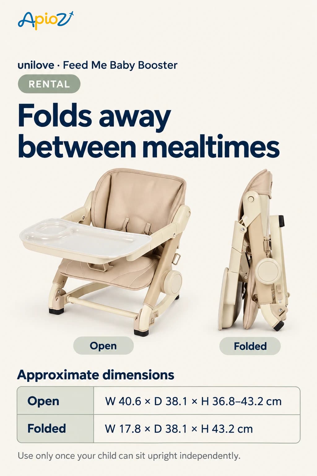 Unilove Feed Me baby booster unfolded and folded dimensions