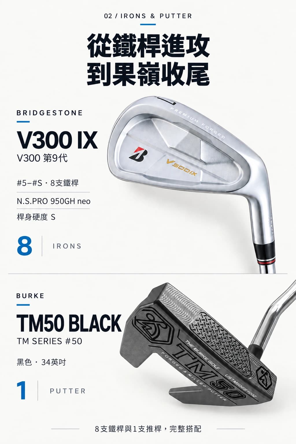 高端高尔夫球杆套装:铁杆和推杆