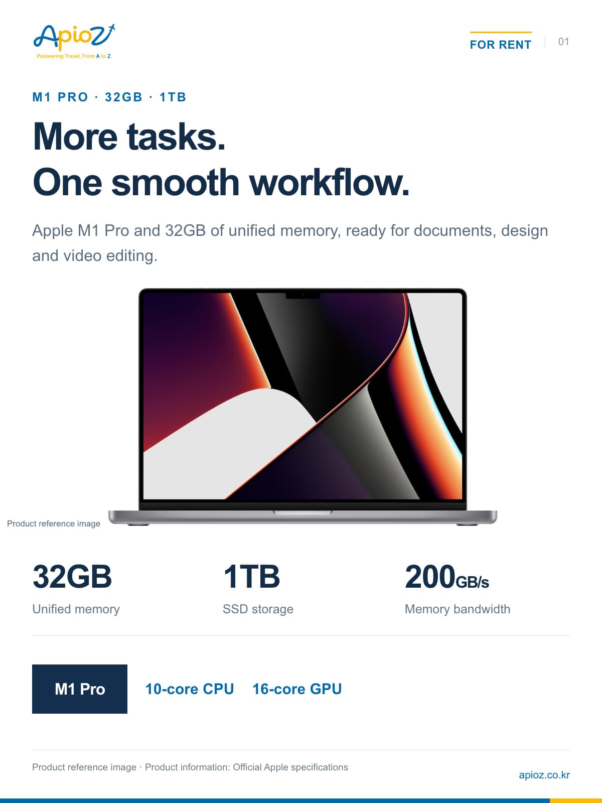 MacBook Pro M1 Pro / 32GB / 1TB SSD / 10-core CPU / 16-core GPU / 200GB/s — Product reference image