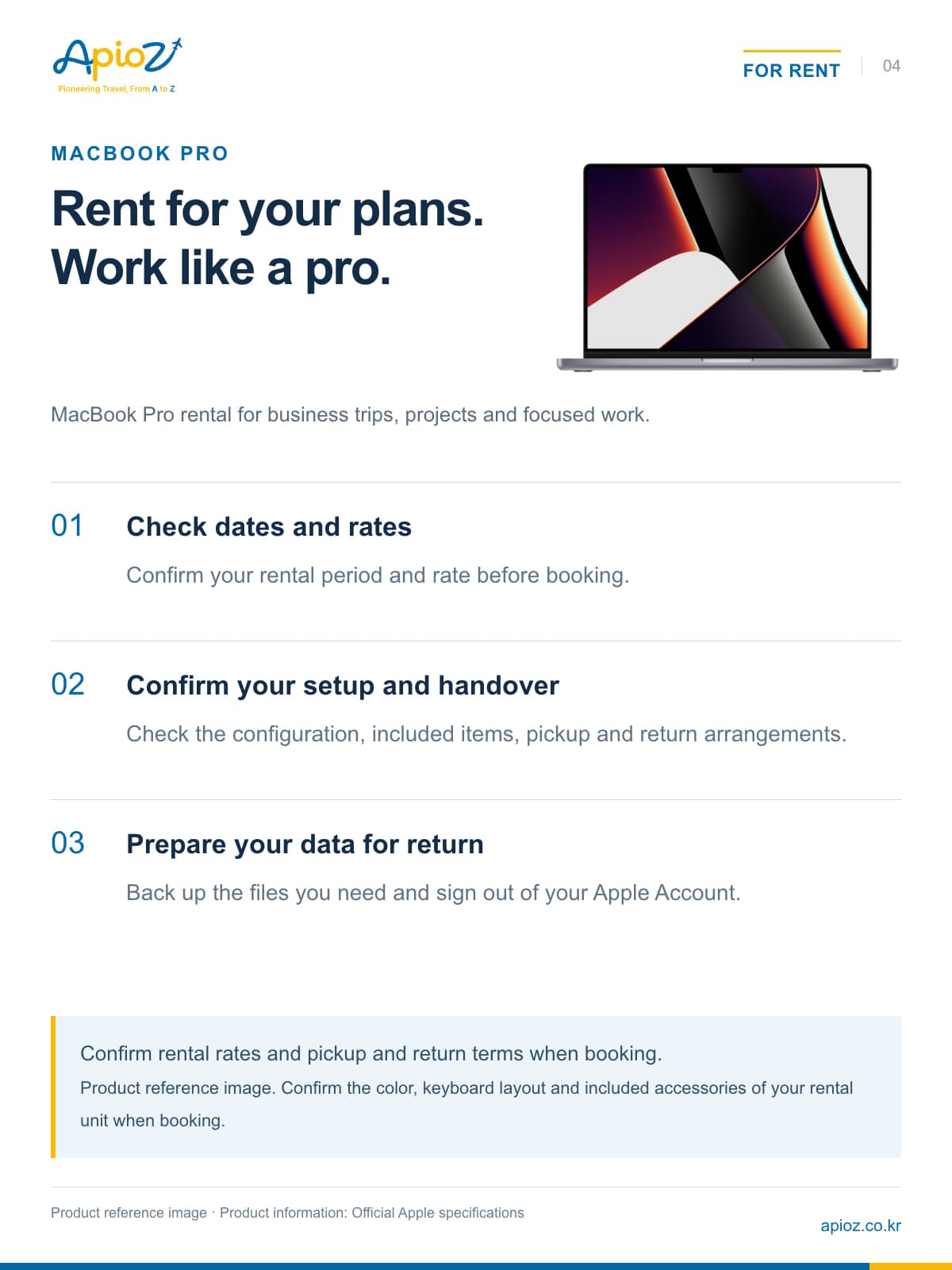 MacBook Pro rental for business trips, projects and focused work. Confirm rental rates and pickup and return terms when booking.