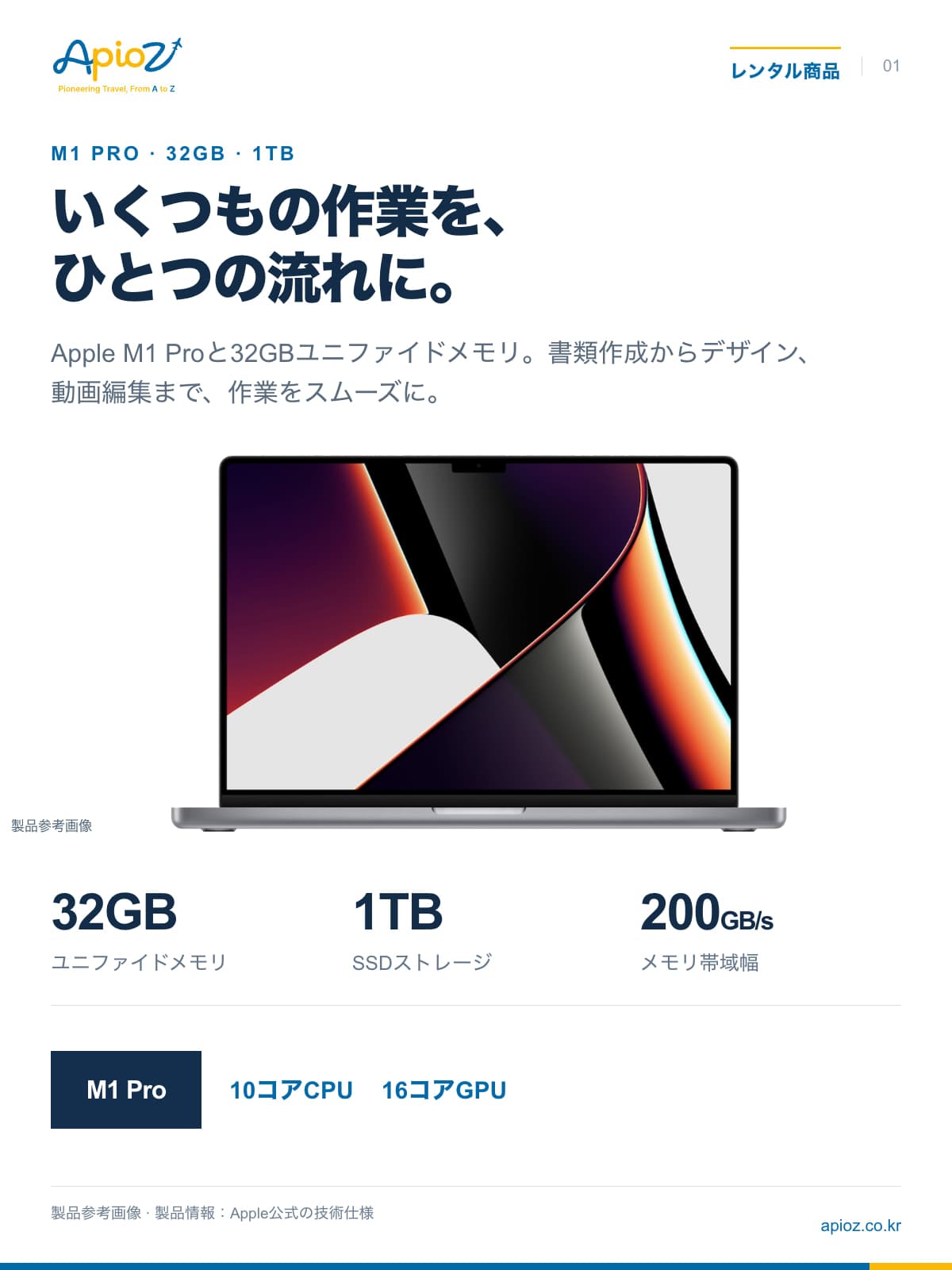 MacBook Pro M1 Pro / 32GB / 1TB SSD / 10コアCPU / 16コアGPU / 200GB/s — 製品参考画像