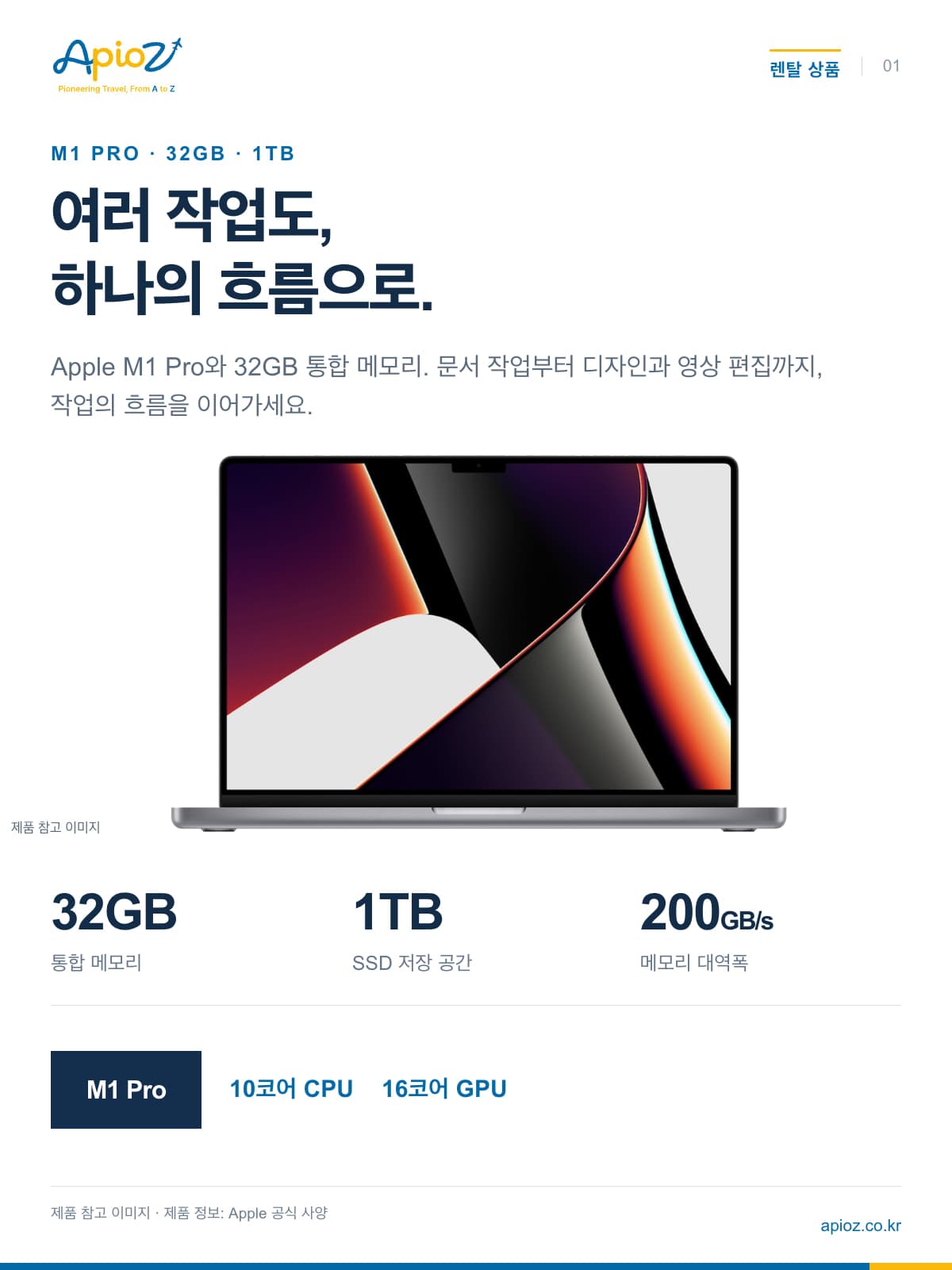 MacBook Pro M1 Pro / 32GB / 1TB SSD / 10코어 CPU / 16코어 GPU / 200GB/s — 제품 참고 이미지