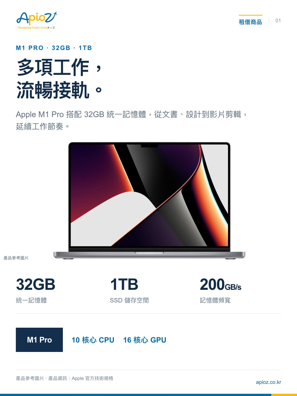 MacBook Pro M1 Pro / 32GB / 1TB SSD / 10 核心 CPU / 16 核心 GPU / 200GB/s — 產品參考圖片