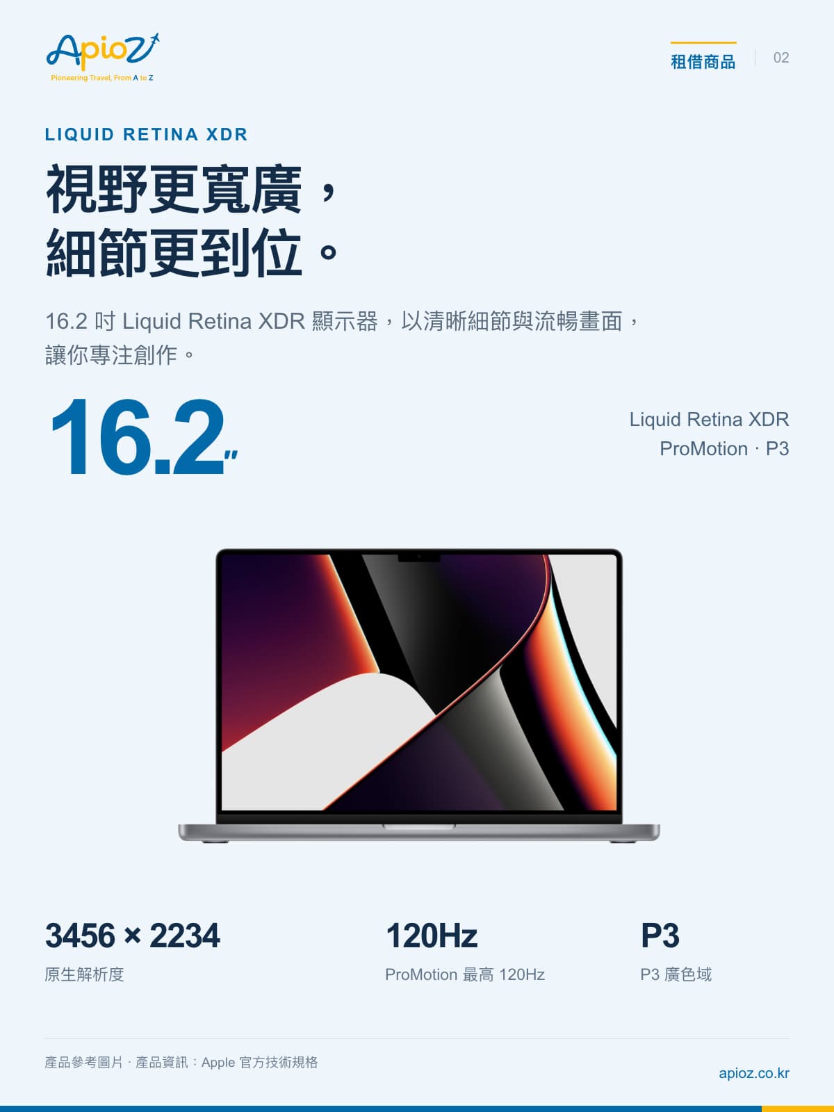 MacBook Pro 16.2 Liquid Retina XDR / 3456 × 2234 / ProMotion 最高 120Hz / P3 廣色域 — 產品參考圖片