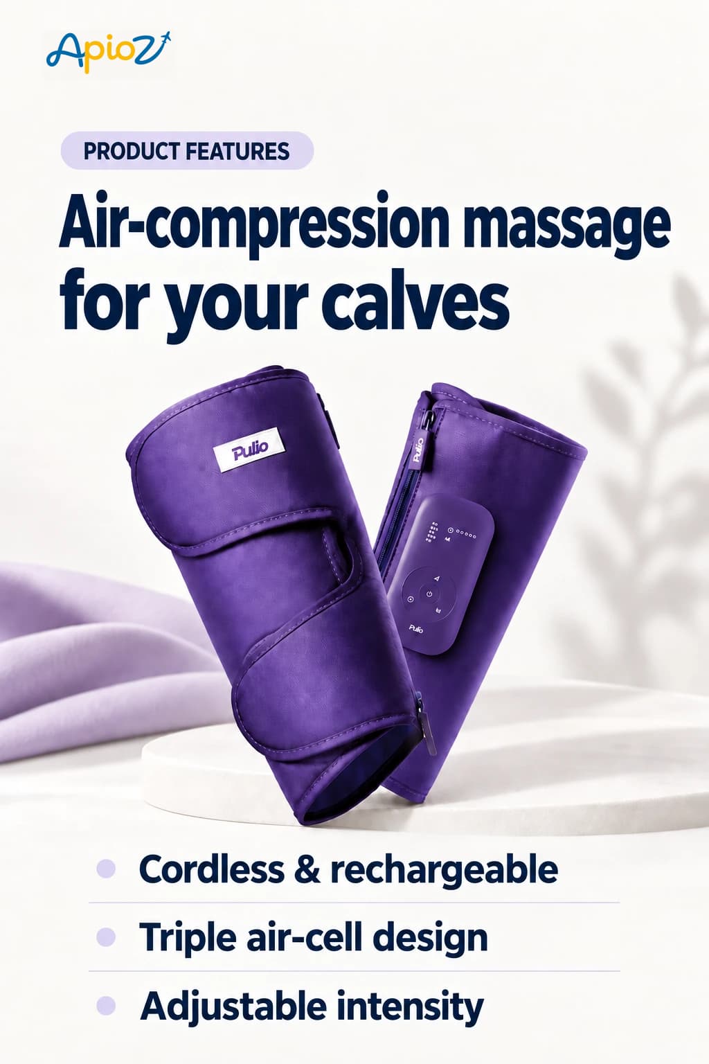PULIO calf massager: cordless and rechargeable, triple air-cell design, adjustable intensity